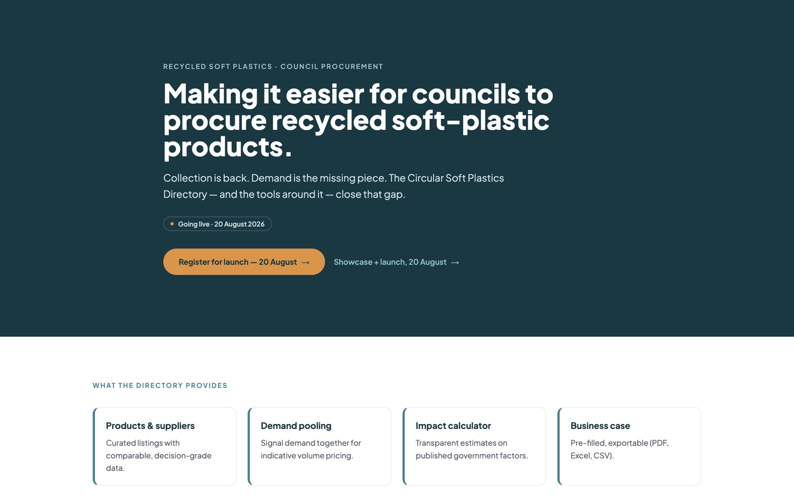 The Circular Soft Plastics Directory landing page — the front door for councils to explore Australian-recycled soft-plastic products.